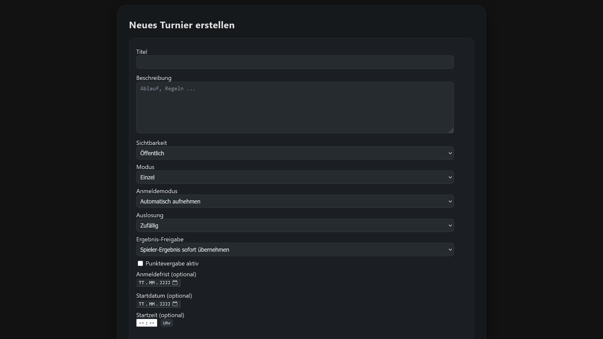 Turnier erstellen – Dark Ansicht